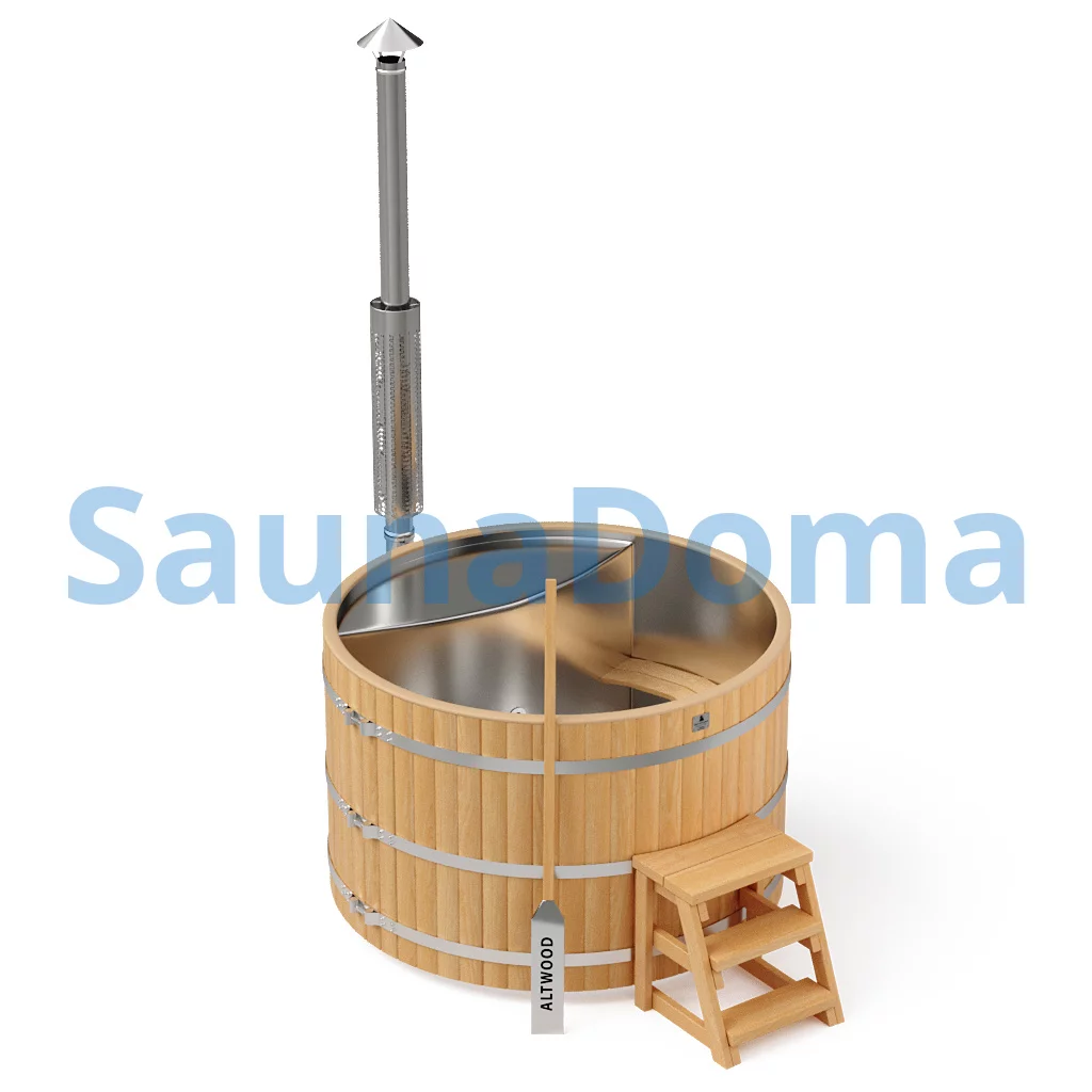 Фурако круглая «PREMIUM» из лиственницы с вставкой из нержавеющей стали с интегрированной печью 1700 мм